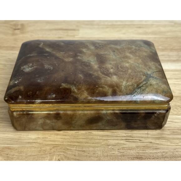 Vintage Genuine Alabaster Marble Hinge Jewelry Trinket Box Italy Gold Brass - Picture 1 of 9